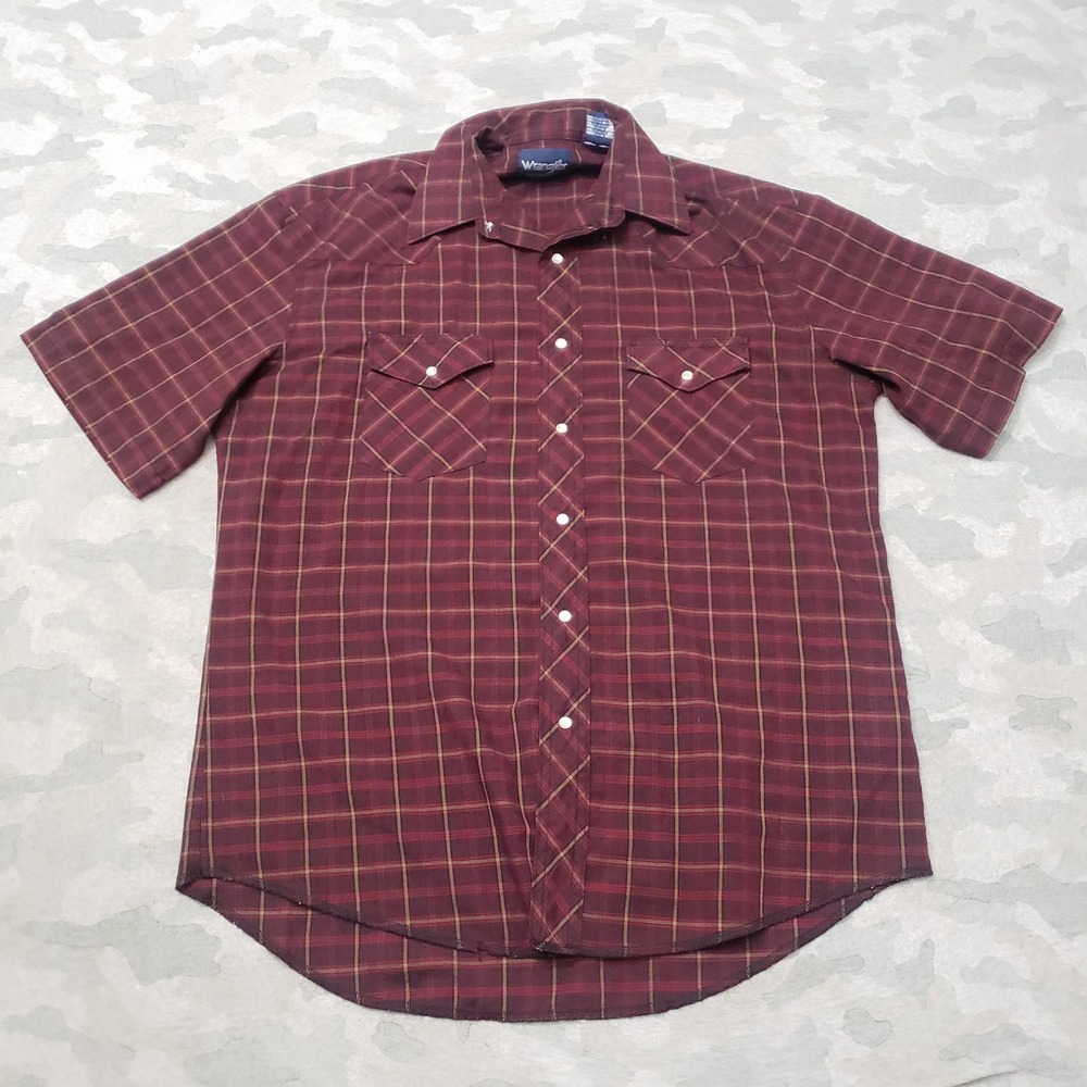 Wrangler Western Shirt Mens 16 Red Plaid Pearl Snap Short Sleeve Check Cowboy